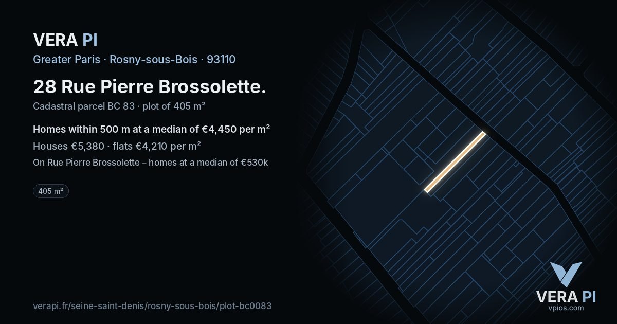 28 Rue Pierre Brossolette, Rosny-sous-Bois at night – the plot lit, the parcels around coloured by the prices near them