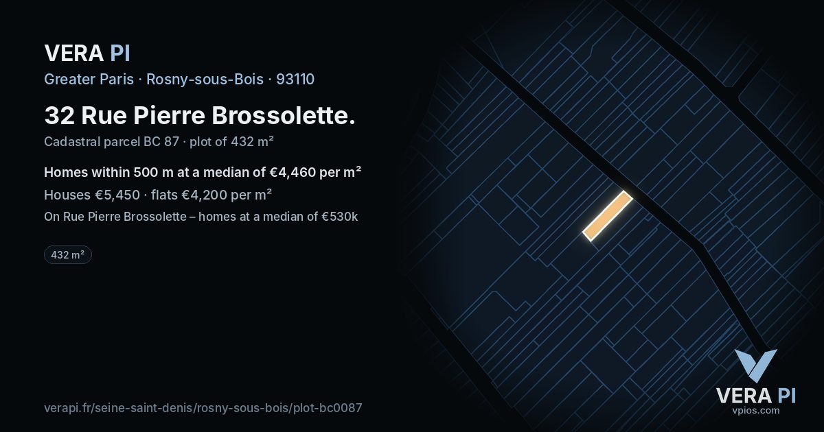 32 Rue Pierre Brossolette, Rosny-sous-Bois at night – the plot lit, the parcels around coloured by the prices near them