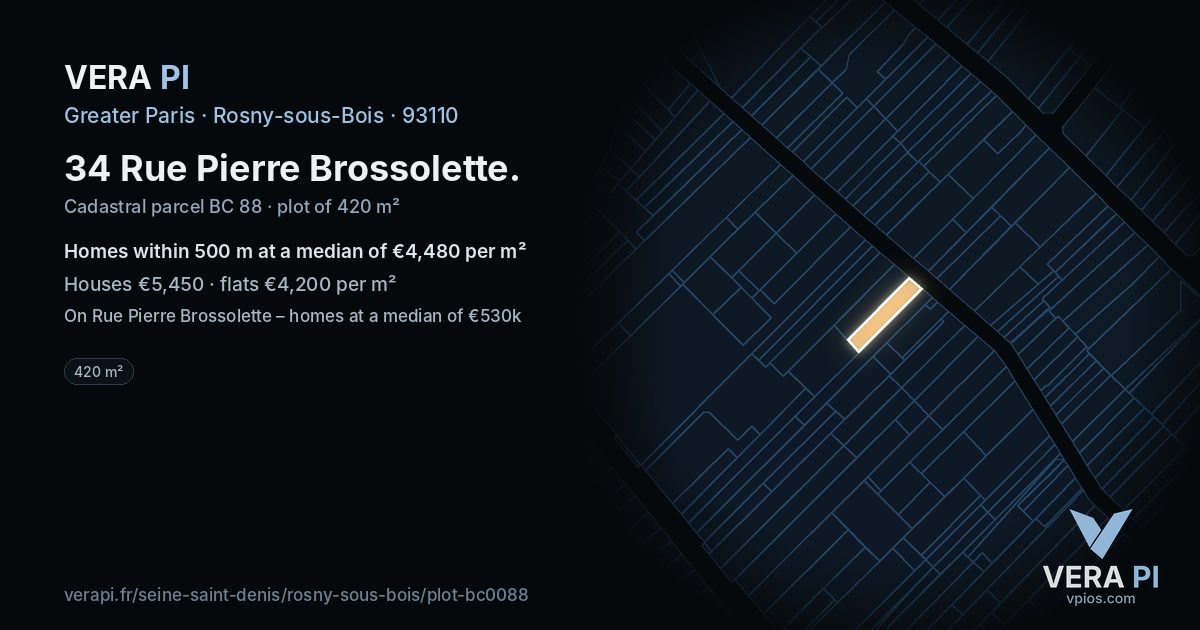 34 Rue Pierre Brossolette, Rosny-sous-Bois at night – the plot lit, the parcels around coloured by the prices near them