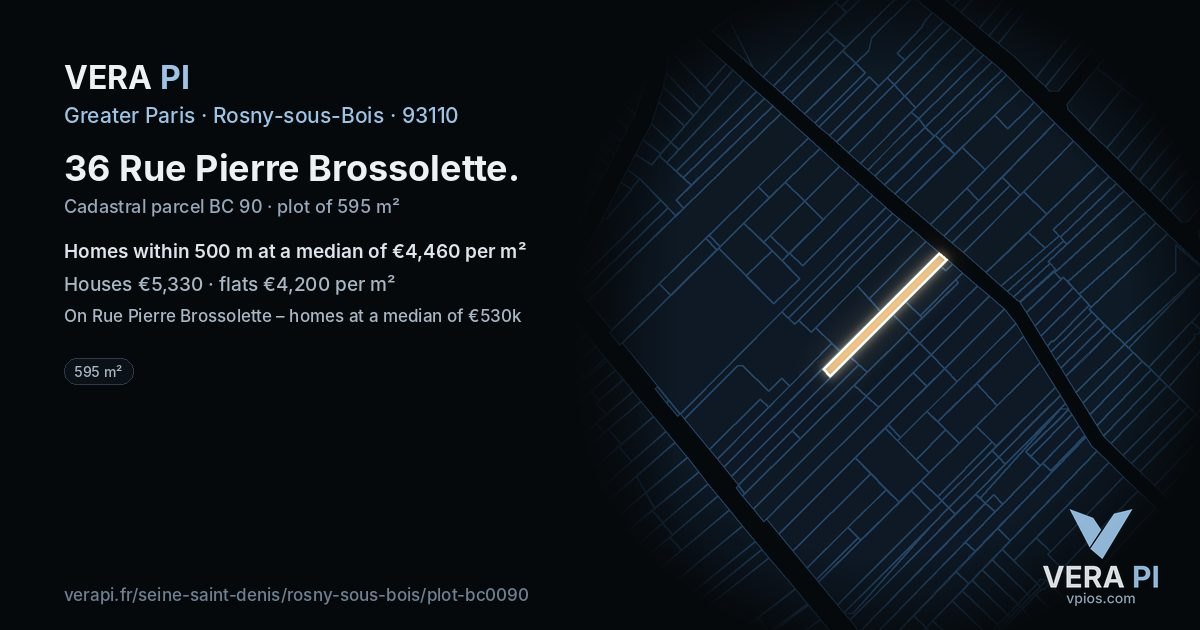 36 Rue Pierre Brossolette, Rosny-sous-Bois at night – the plot lit, the parcels around coloured by the prices near them