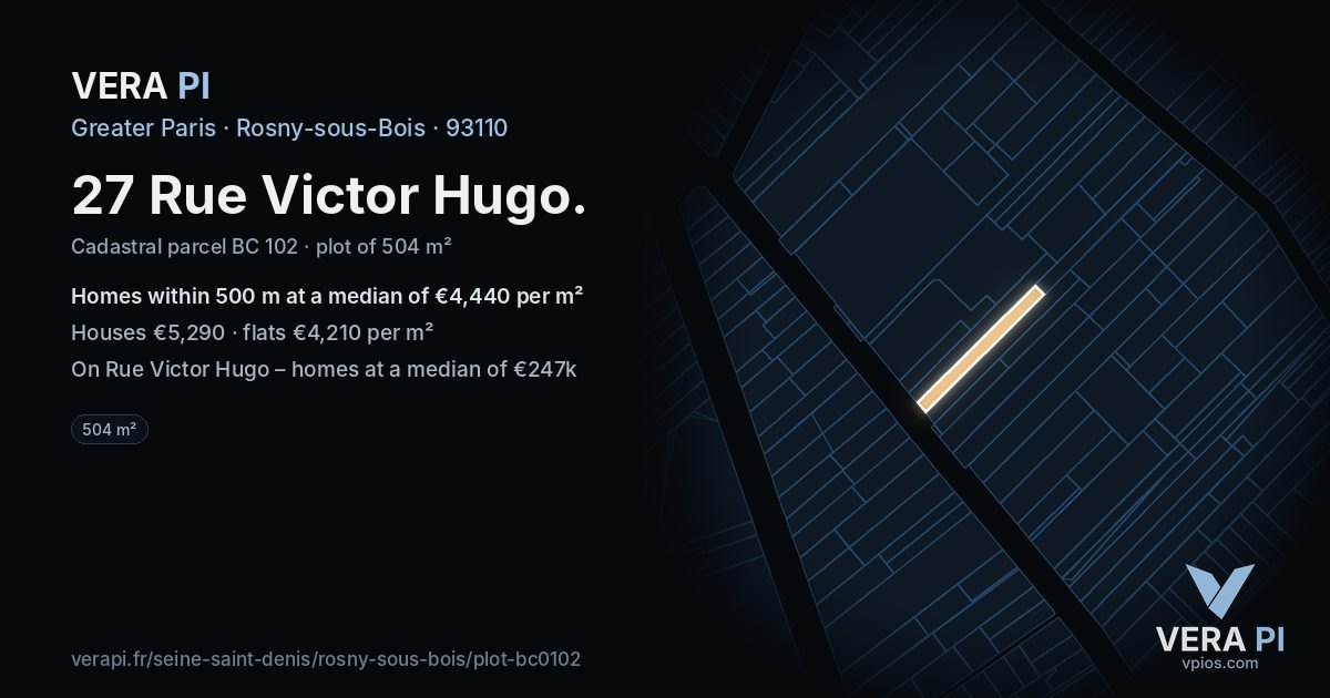 27 Rue Victor Hugo, Rosny-sous-Bois at night – the plot lit, the parcels around coloured by the prices near them