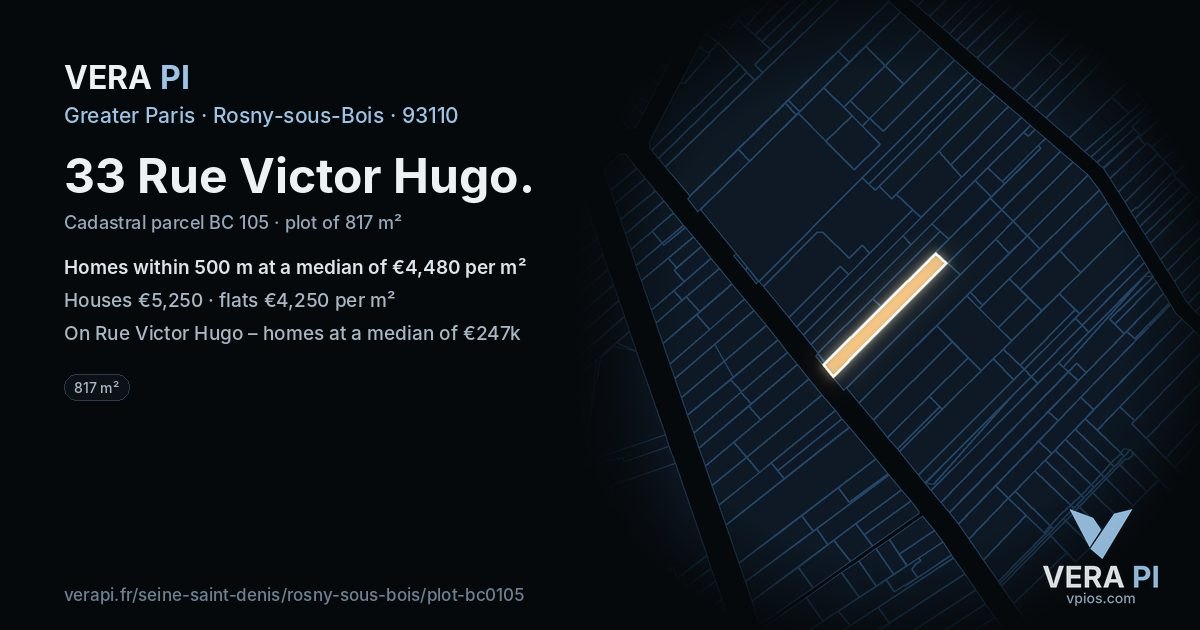 33 Rue Victor Hugo, Rosny-sous-Bois at night – the plot lit, the parcels around coloured by the prices near them