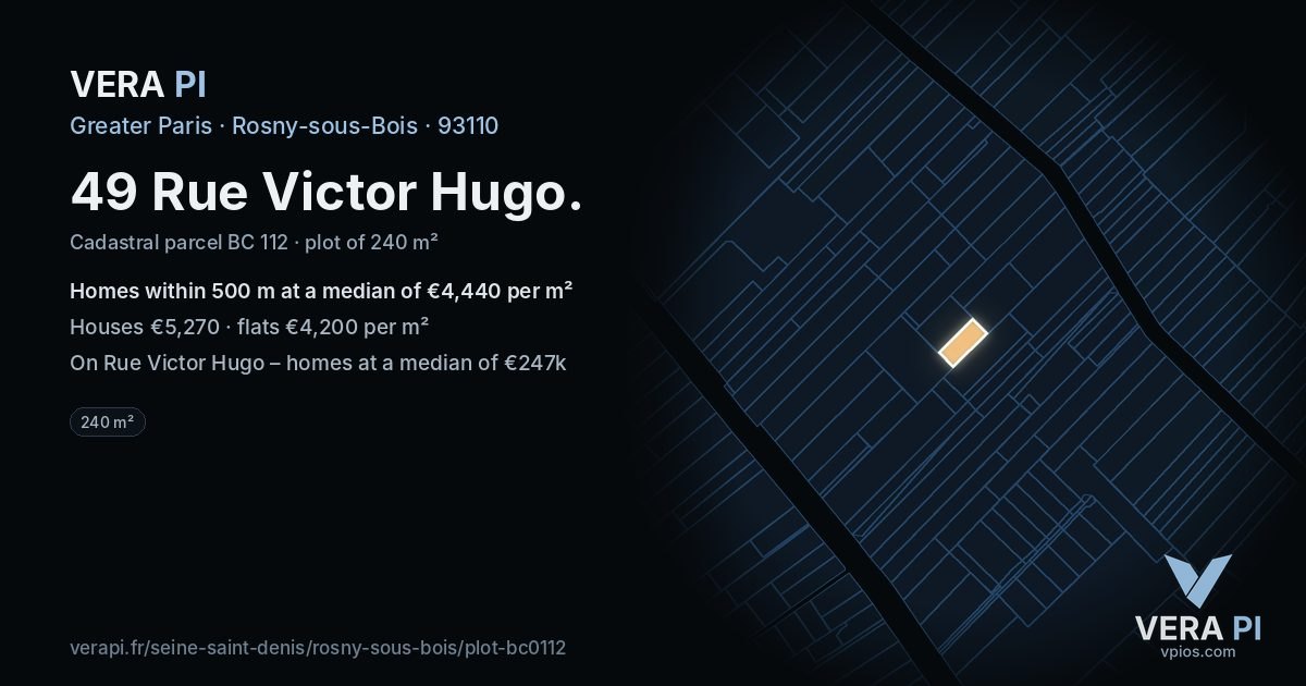 49 Rue Victor Hugo, Rosny-sous-Bois at night – the plot lit, the parcels around coloured by the prices near them