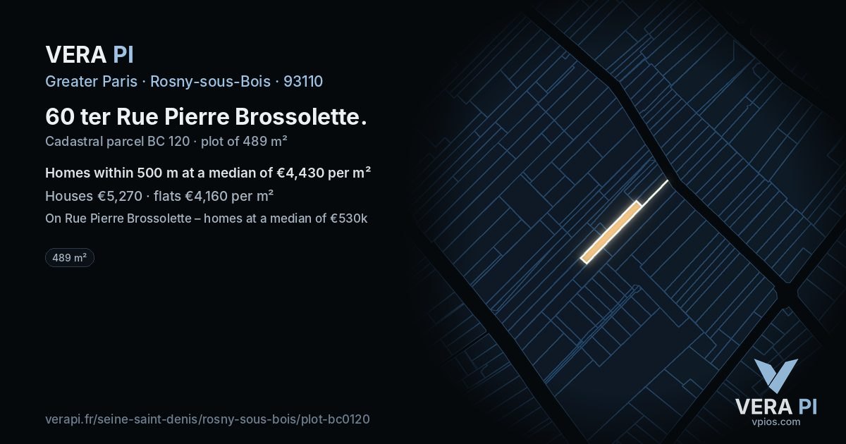 60 ter Rue Pierre Brossolette, Rosny-sous-Bois at night – the plot lit, the parcels around coloured by the prices near them