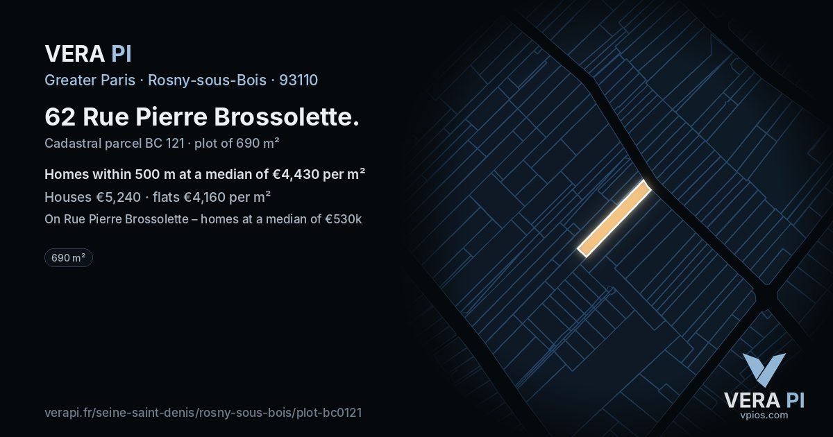 62 Rue Pierre Brossolette, Rosny-sous-Bois at night – the plot lit, the parcels around coloured by the prices near them