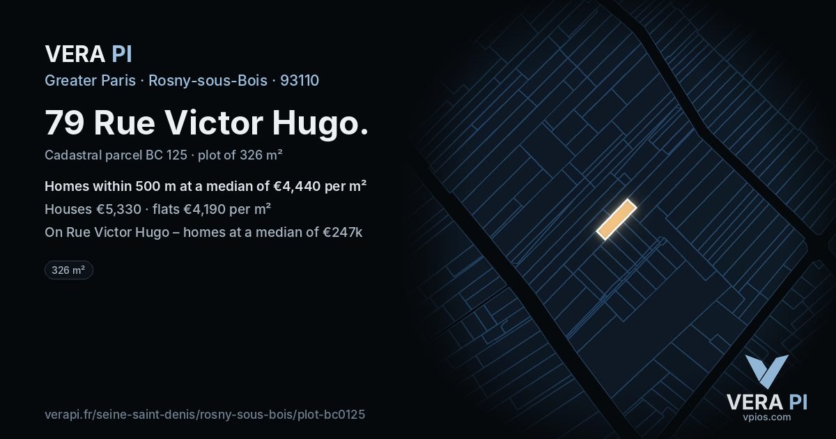 79 Rue Victor Hugo, Rosny-sous-Bois at night – the plot lit, the parcels around coloured by the prices near them
