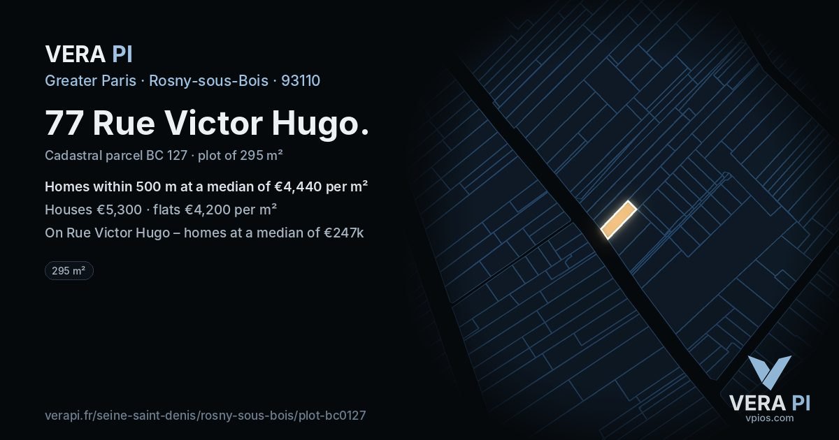 77 Rue Victor Hugo, Rosny-sous-Bois at night – the plot lit, the parcels around coloured by the prices near them