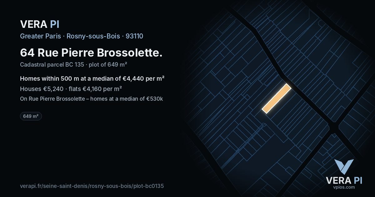 64 Rue Pierre Brossolette, Rosny-sous-Bois at night – the plot lit, the parcels around coloured by the prices near them