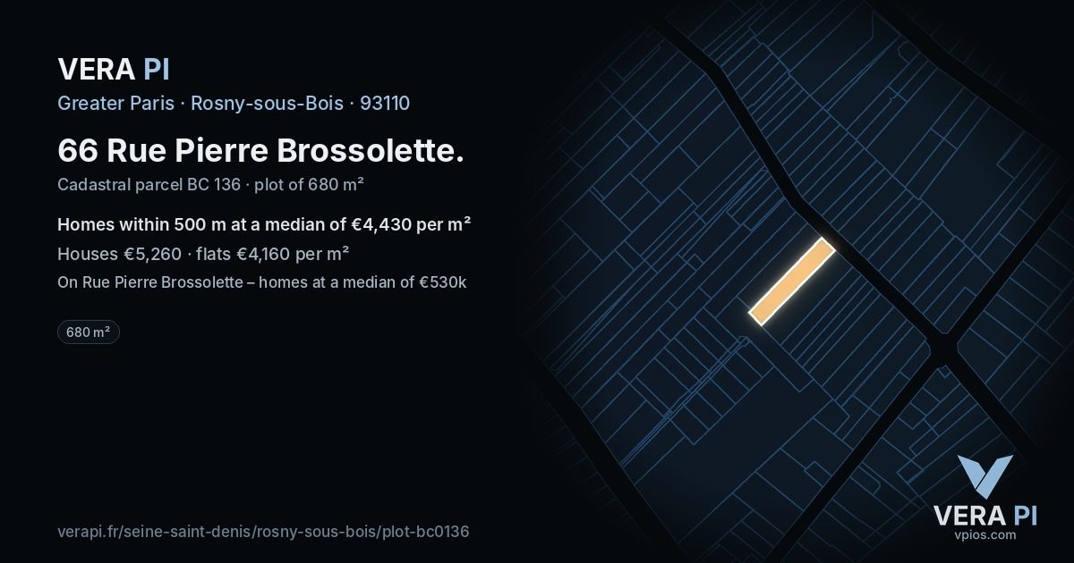 66 Rue Pierre Brossolette, Rosny-sous-Bois at night – the plot lit, the parcels around coloured by the prices near them