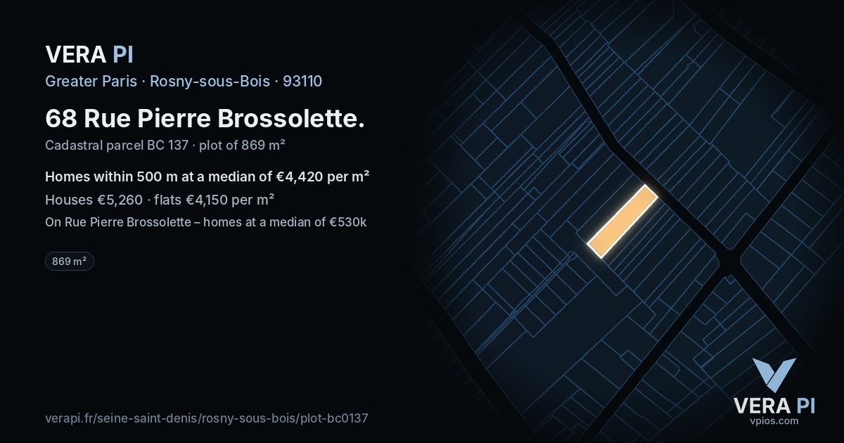 68 Rue Pierre Brossolette, Rosny-sous-Bois at night – the plot lit, the parcels around coloured by the prices near them