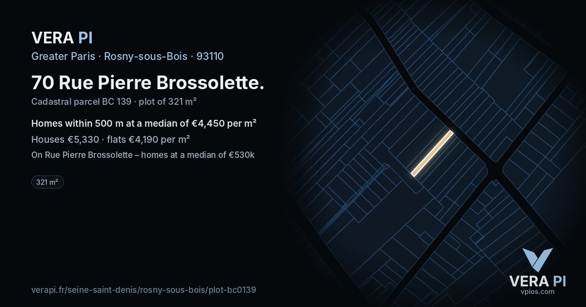 70 Rue Pierre Brossolette, Rosny-sous-Bois at night – the plot lit, the parcels around coloured by the prices near them