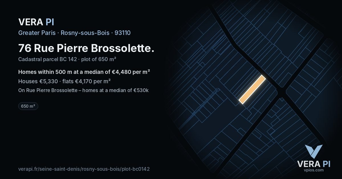 76 Rue Pierre Brossolette, Rosny-sous-Bois at night – the plot lit, the parcels around coloured by the prices near them