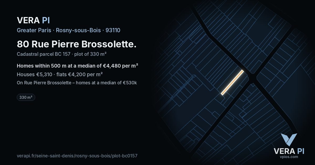 80 Rue Pierre Brossolette, Rosny-sous-Bois at night – the plot lit, the parcels around coloured by the prices near them