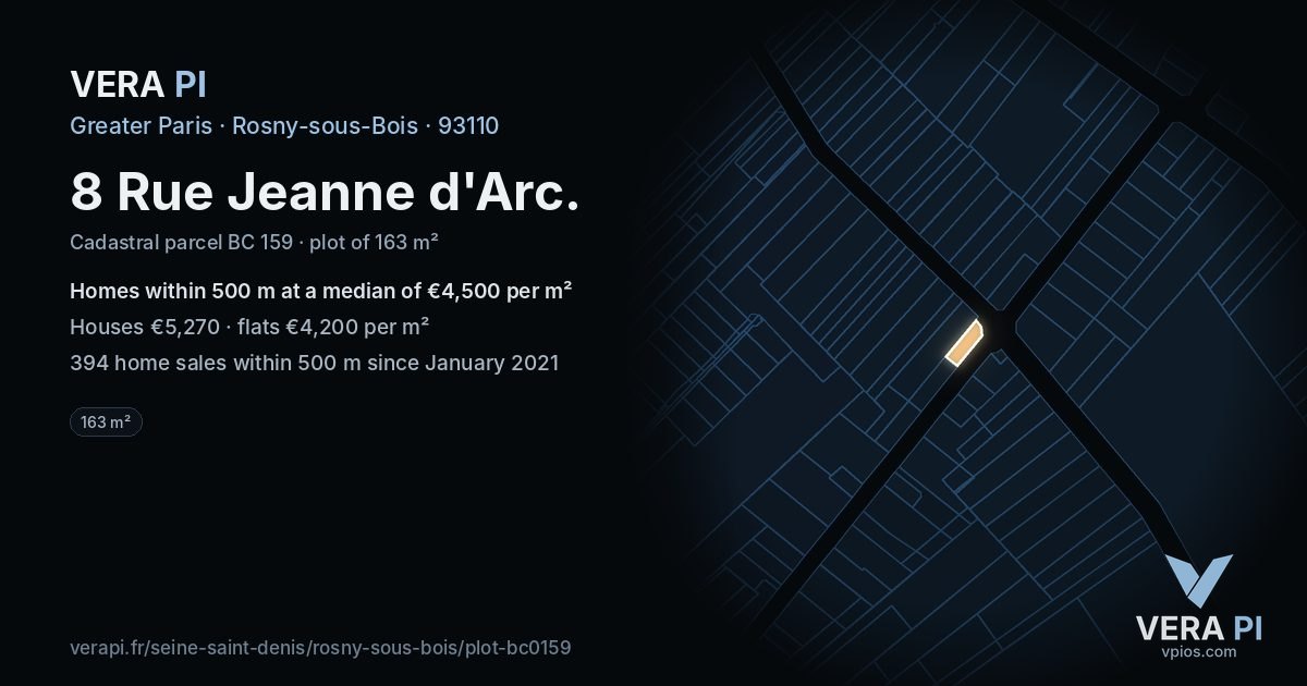 8 Rue Jeanne d'Arc, Rosny-sous-Bois at night – the plot lit, the parcels around coloured by the prices near them
