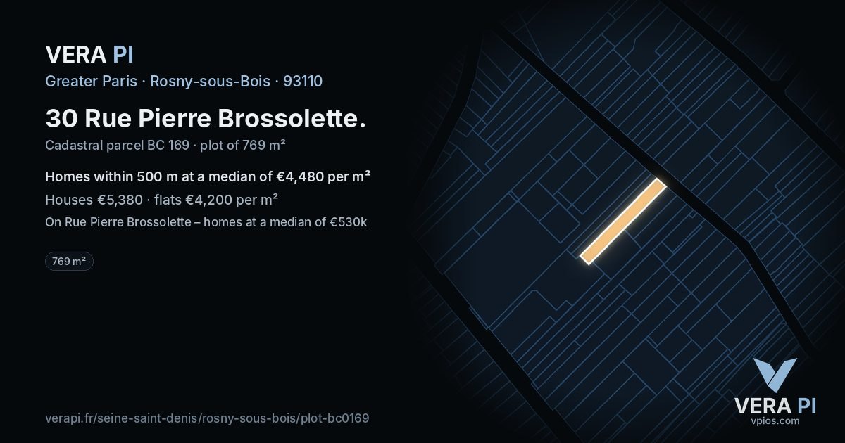 30 Rue Pierre Brossolette, Rosny-sous-Bois at night – the plot lit, the parcels around coloured by the prices near them