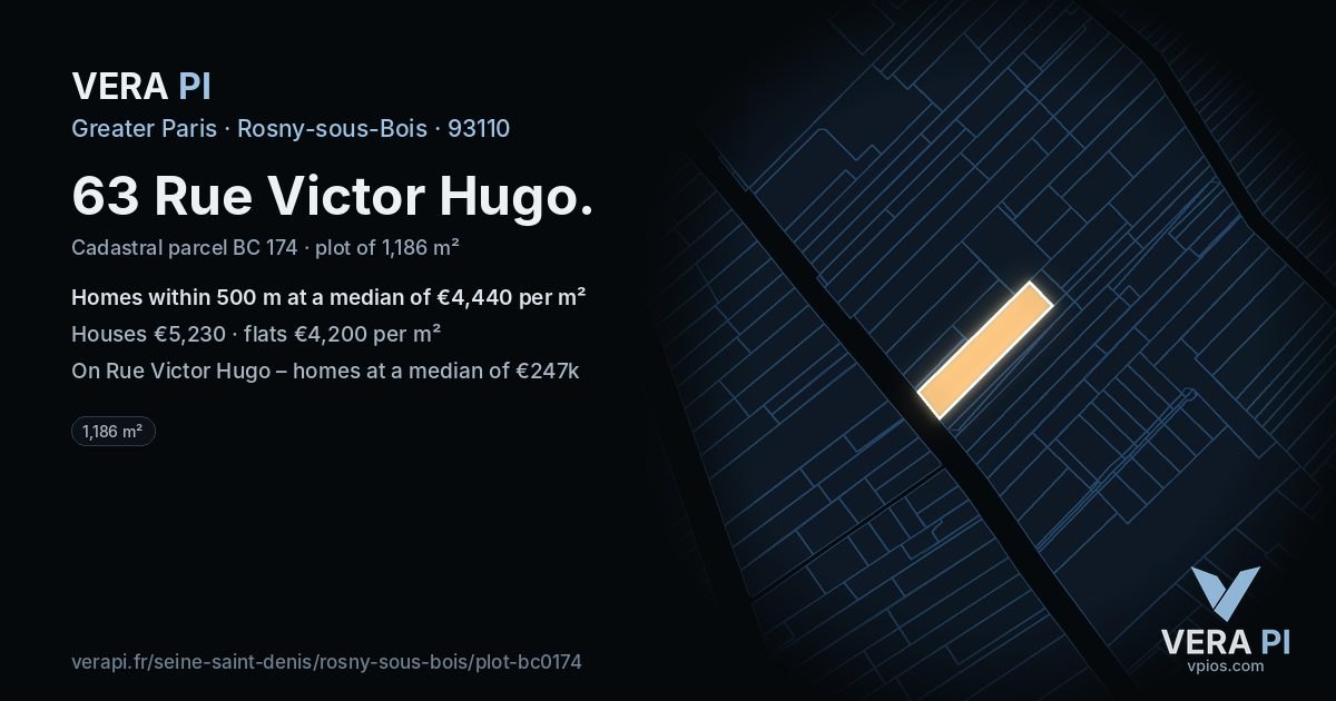 63 Rue Victor Hugo, Rosny-sous-Bois at night – the plot lit, the parcels around coloured by the prices near them