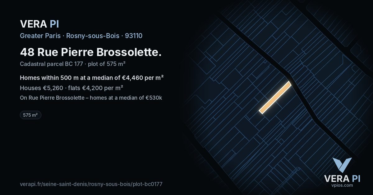48 Rue Pierre Brossolette, Rosny-sous-Bois at night – the plot lit, the parcels around coloured by the prices near them