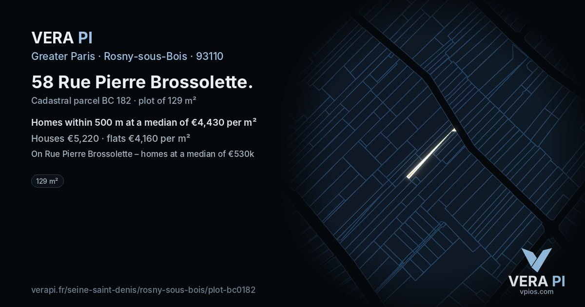 58 Rue Pierre Brossolette, Rosny-sous-Bois at night – the plot lit, the parcels around coloured by the prices near them