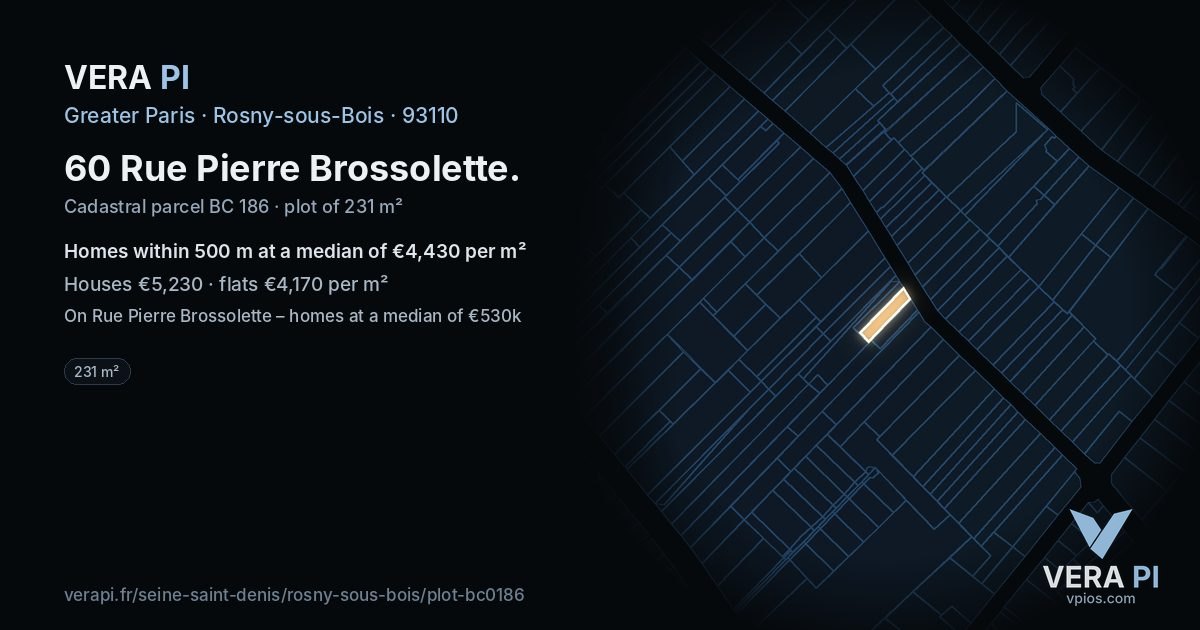 60 Rue Pierre Brossolette, Rosny-sous-Bois at night – the plot lit, the parcels around coloured by the prices near them