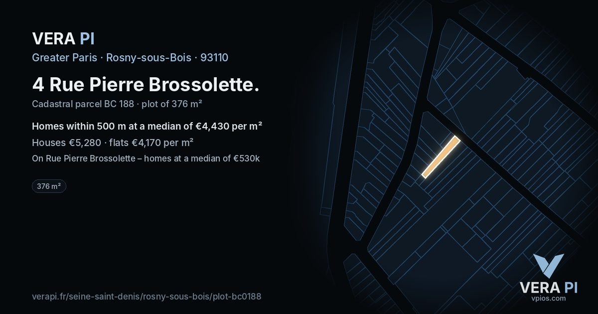 4 Rue Pierre Brossolette, Rosny-sous-Bois at night – the plot lit, the parcels around coloured by the prices near them