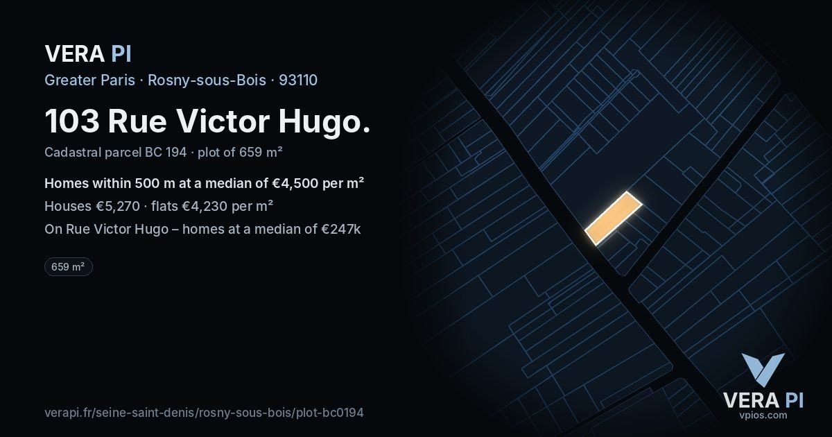 103 Rue Victor Hugo, Rosny-sous-Bois at night – the plot lit, the parcels around coloured by the prices near them