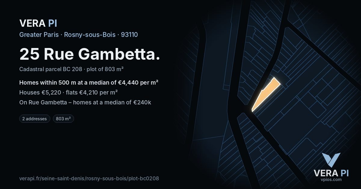 25 Rue Gambetta, Rosny-sous-Bois at night – the plot lit, the parcels around coloured by the prices near them