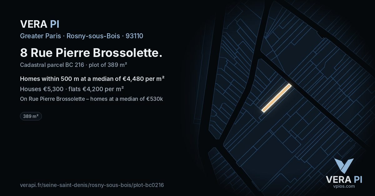 8 Rue Pierre Brossolette, Rosny-sous-Bois at night – the plot lit, the parcels around coloured by the prices near them