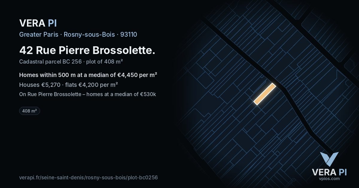 42 Rue Pierre Brossolette, Rosny-sous-Bois at night – the plot lit, the parcels around coloured by the prices near them