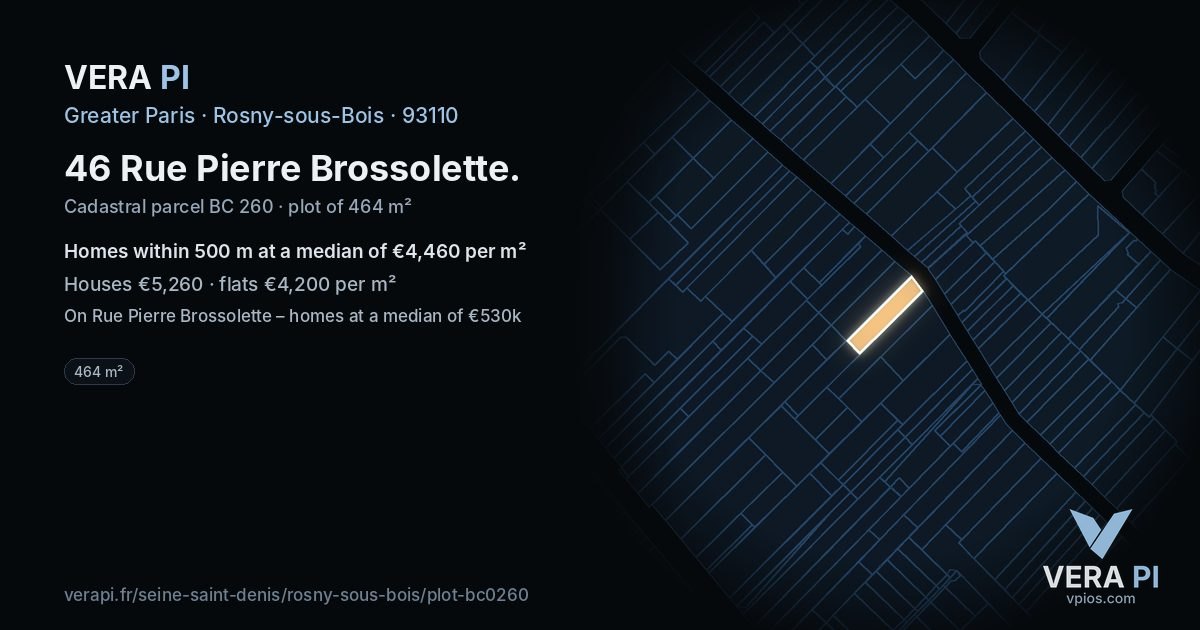 46 Rue Pierre Brossolette, Rosny-sous-Bois at night – the plot lit, the parcels around coloured by the prices near them