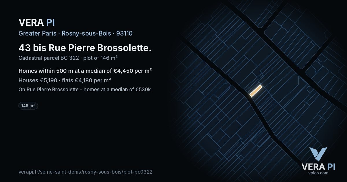 43 bis Rue Pierre Brossolette, Rosny-sous-Bois at night – the plot lit, the parcels around coloured by the prices near them