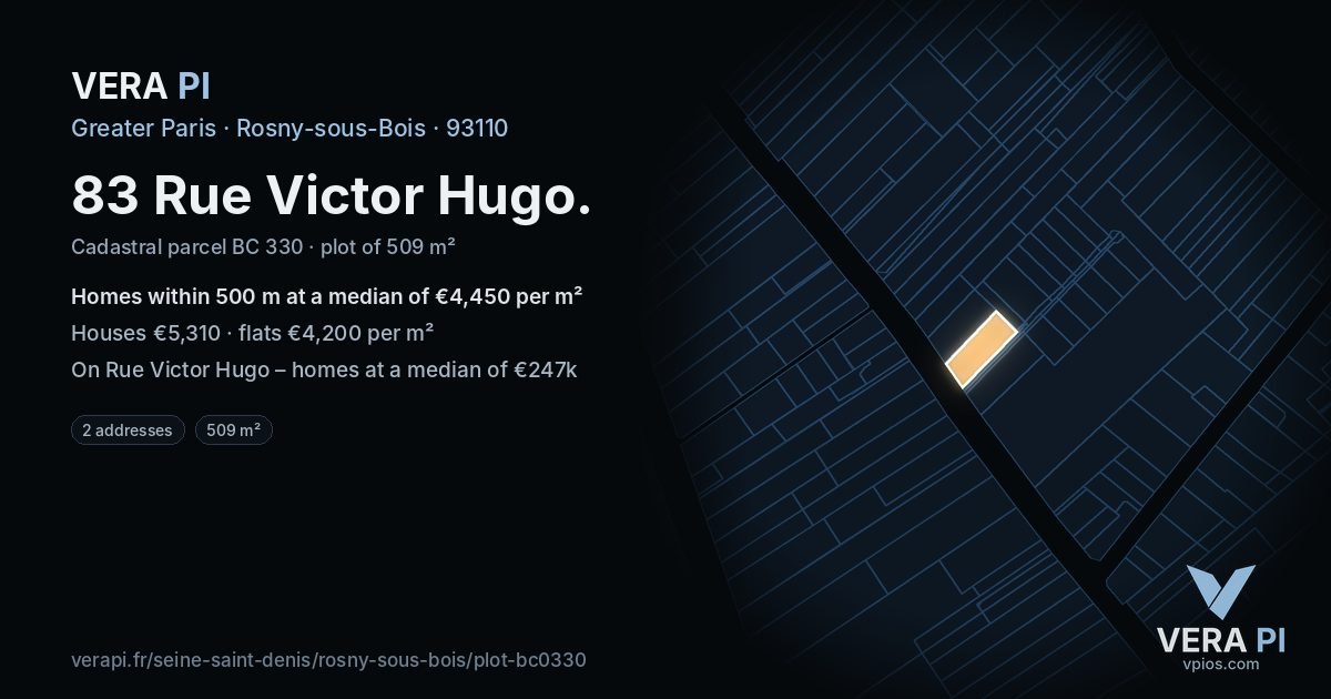 83 Rue Victor Hugo, Rosny-sous-Bois at night – the plot lit, the parcels around coloured by the prices near them