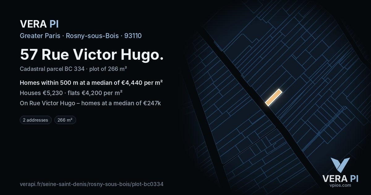 57 Rue Victor Hugo, Rosny-sous-Bois at night – the plot lit, the parcels around coloured by the prices near them