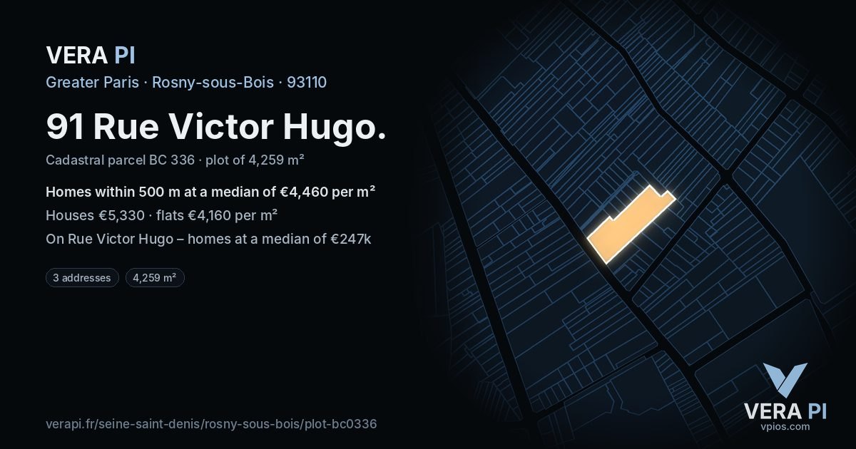 91 Rue Victor Hugo, Rosny-sous-Bois at night – the plot lit, the parcels around coloured by the prices near them
