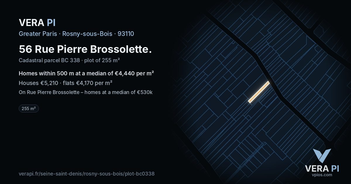 56 Rue Pierre Brossolette, Rosny-sous-Bois at night – the plot lit, the parcels around coloured by the prices near them