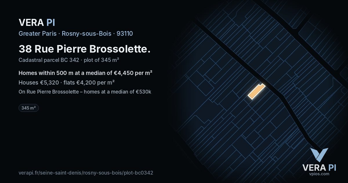 38 Rue Pierre Brossolette, Rosny-sous-Bois at night – the plot lit, the parcels around coloured by the prices near them