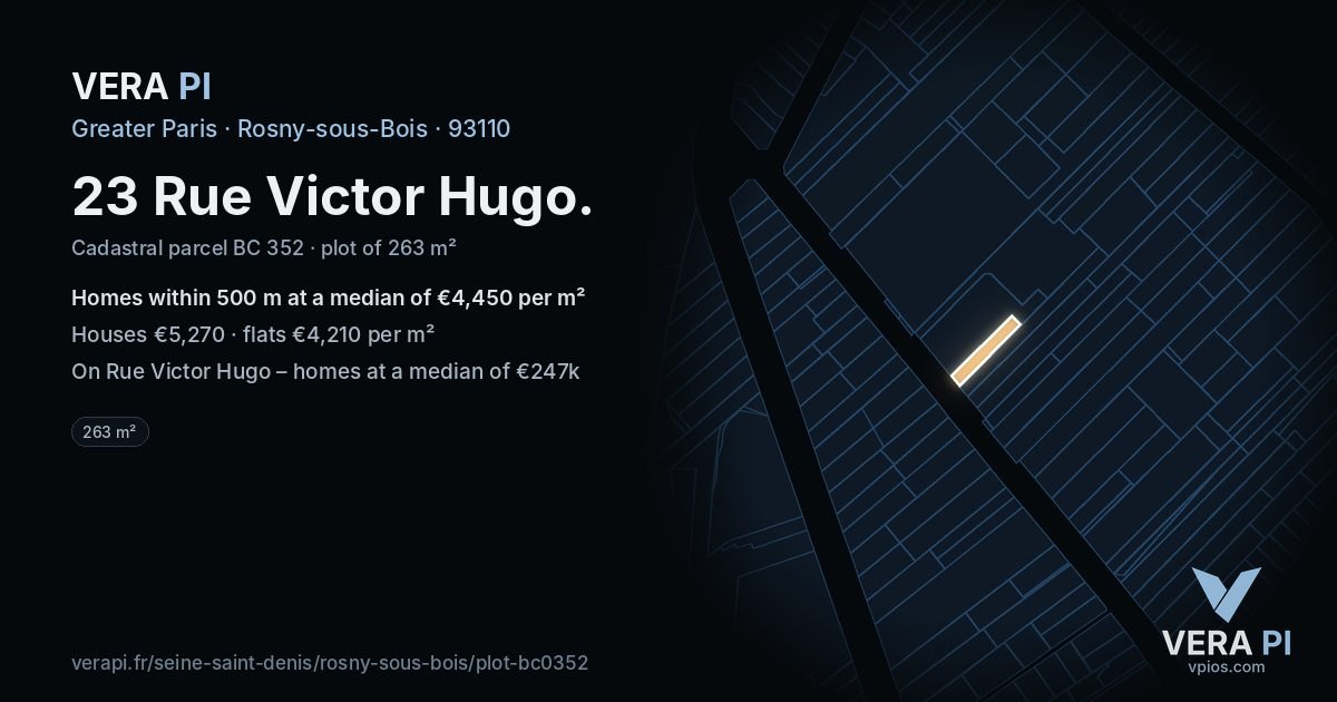23 Rue Victor Hugo, Rosny-sous-Bois at night – the plot lit, the parcels around coloured by the prices near them