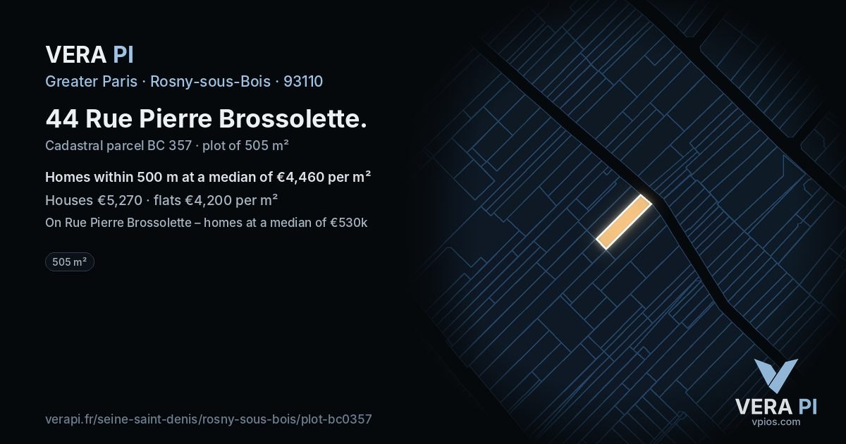 44 Rue Pierre Brossolette, Rosny-sous-Bois at night – the plot lit, the parcels around coloured by the prices near them