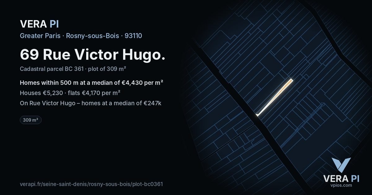 69 Rue Victor Hugo, Rosny-sous-Bois at night – the plot lit, the parcels around coloured by the prices near them