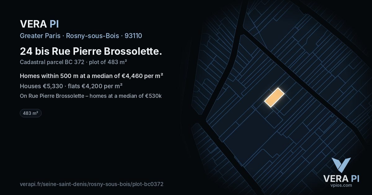 24 bis Rue Pierre Brossolette, Rosny-sous-Bois at night – the plot lit, the parcels around coloured by the prices near them
