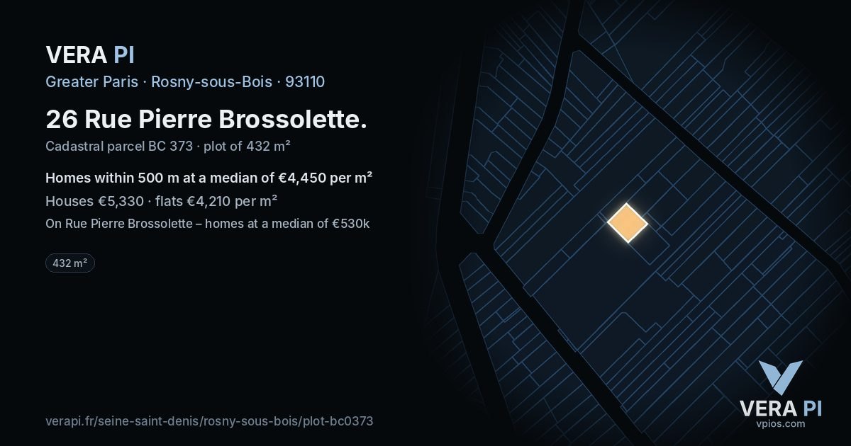 26 Rue Pierre Brossolette, Rosny-sous-Bois at night – the plot lit, the parcels around coloured by the prices near them