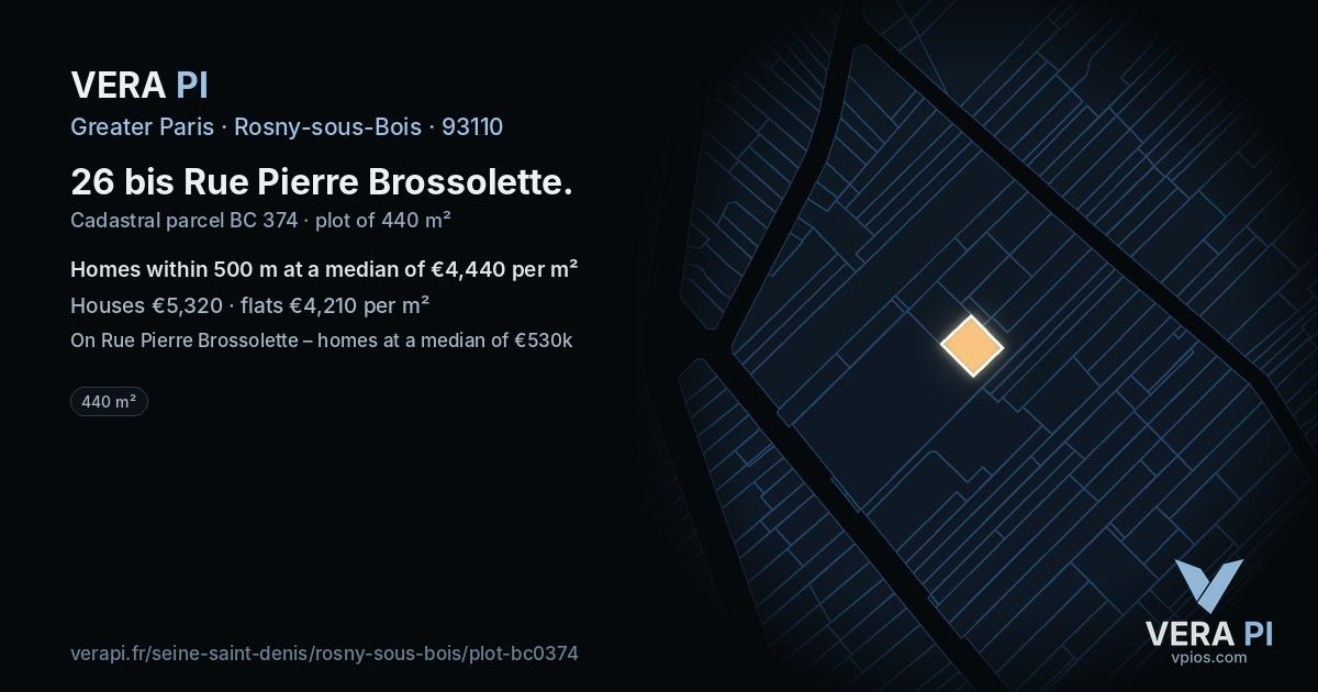 26 bis Rue Pierre Brossolette, Rosny-sous-Bois at night – the plot lit, the parcels around coloured by the prices near them