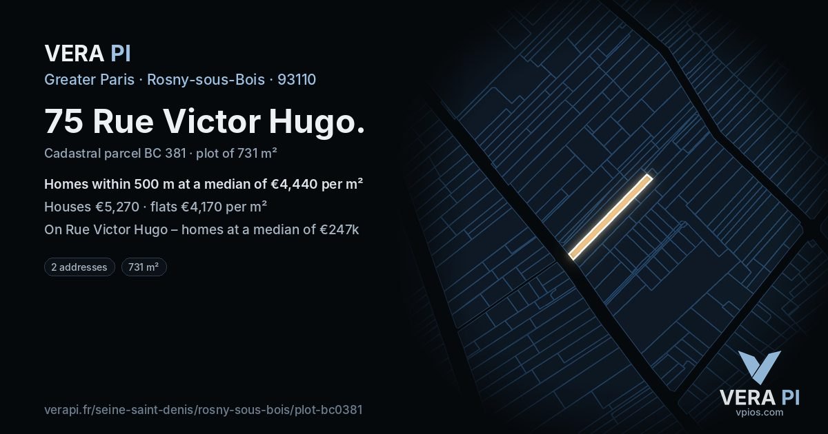 75 Rue Victor Hugo, Rosny-sous-Bois at night – the plot lit, the parcels around coloured by the prices near them
