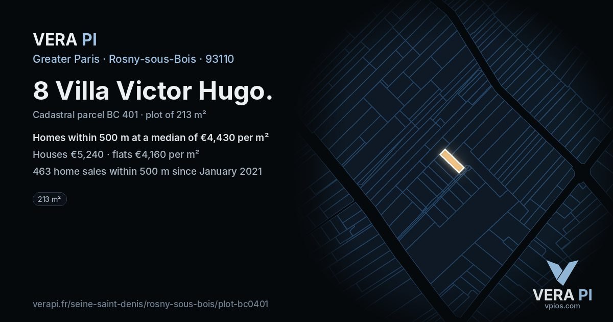 8 Villa Victor Hugo, Rosny-sous-Bois at night – the plot lit, the parcels around coloured by the prices near them