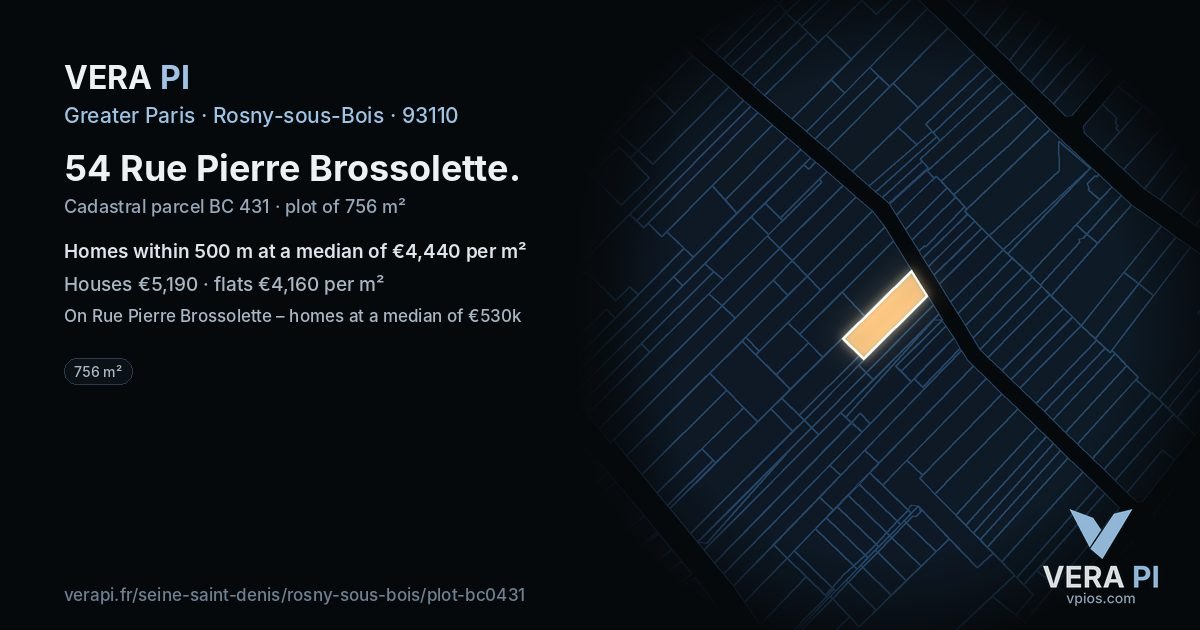 54 Rue Pierre Brossolette, Rosny-sous-Bois at night – the plot lit, the parcels around coloured by the prices near them