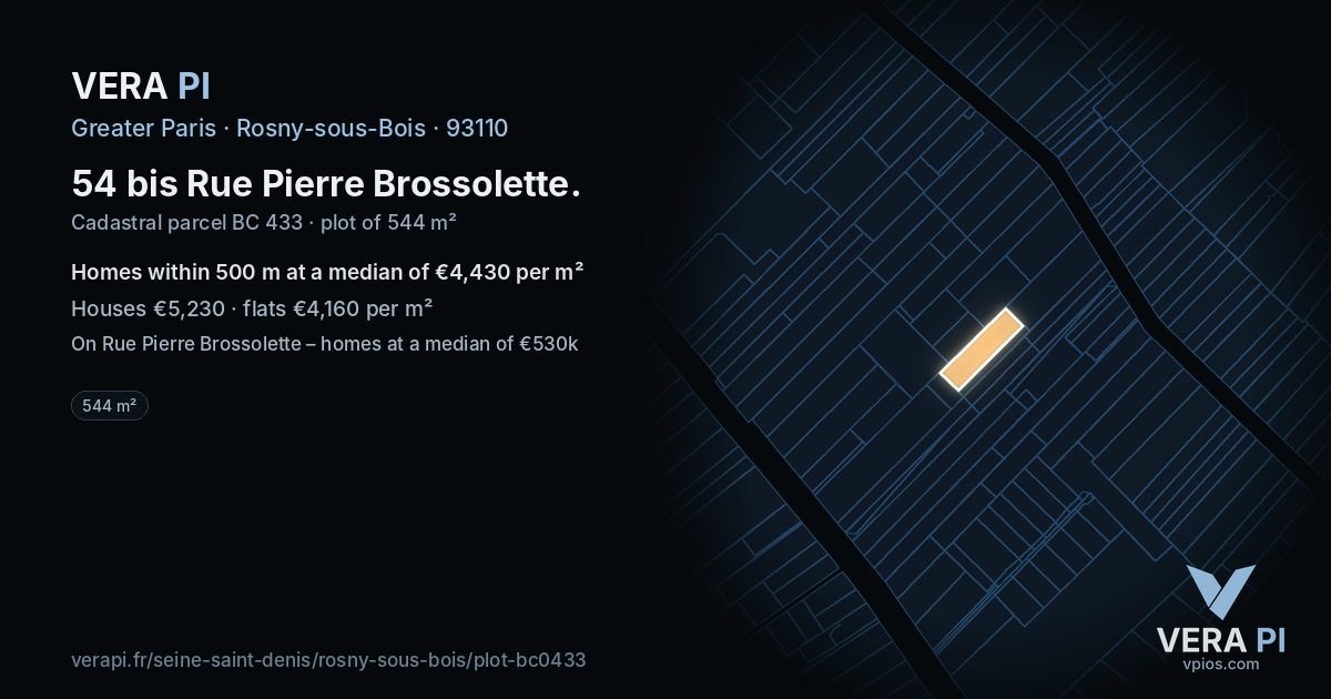54 bis Rue Pierre Brossolette, Rosny-sous-Bois at night – the plot lit, the parcels around coloured by the prices near them