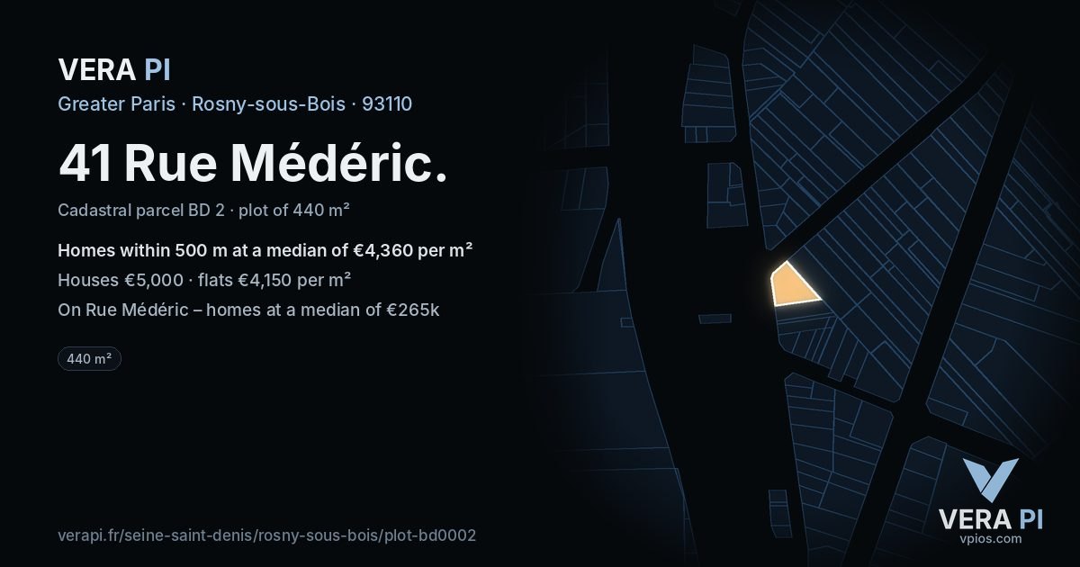 41 Rue Médéric, Rosny-sous-Bois at night – the plot lit, the parcels around coloured by the prices near them