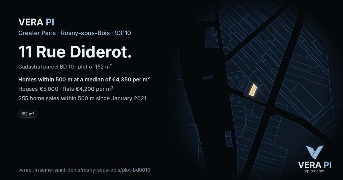 11 Rue Diderot, Rosny-sous-Bois at night – the plot lit, the parcels around coloured by the prices near them