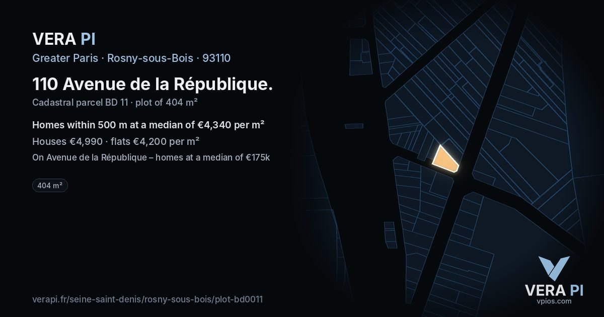 110 Avenue de la République, Rosny-sous-Bois at night – the plot lit, the parcels around coloured by the prices near them