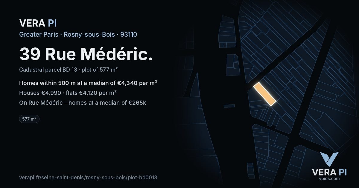 39 Rue Médéric, Rosny-sous-Bois at night – the plot lit, the parcels around coloured by the prices near them