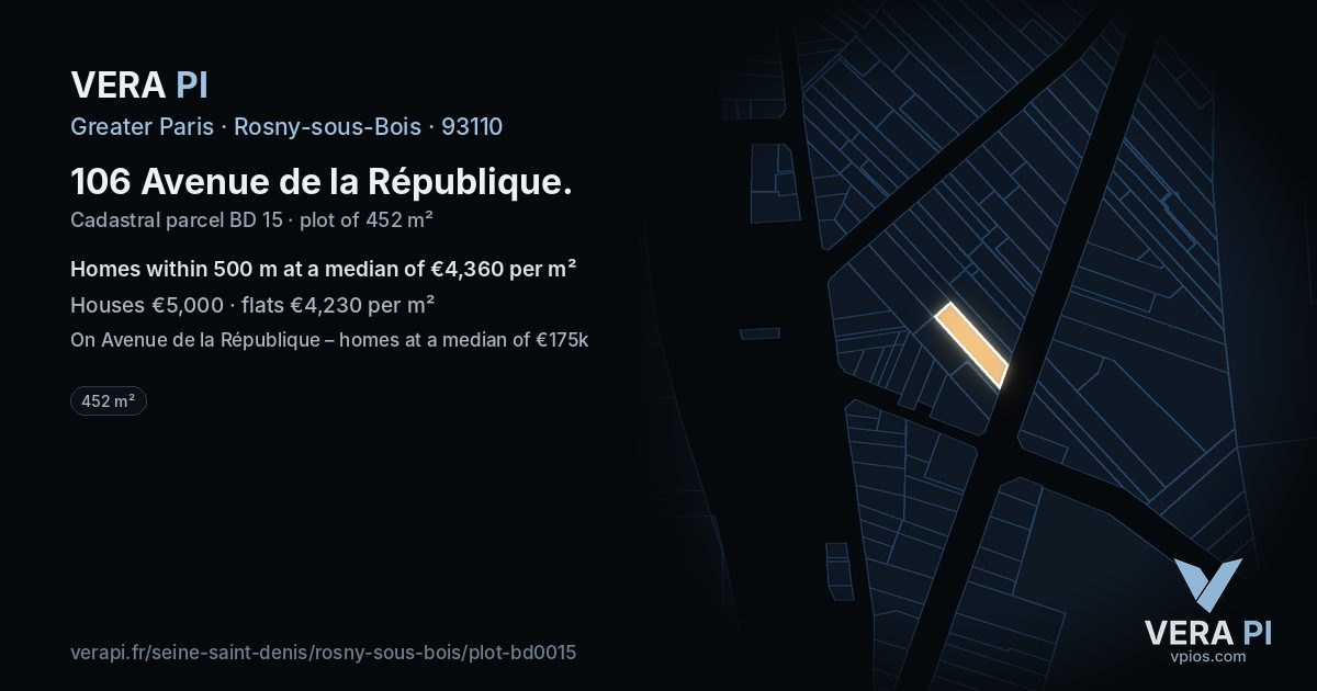 106 Avenue de la République, Rosny-sous-Bois at night – the plot lit, the parcels around coloured by the prices near them